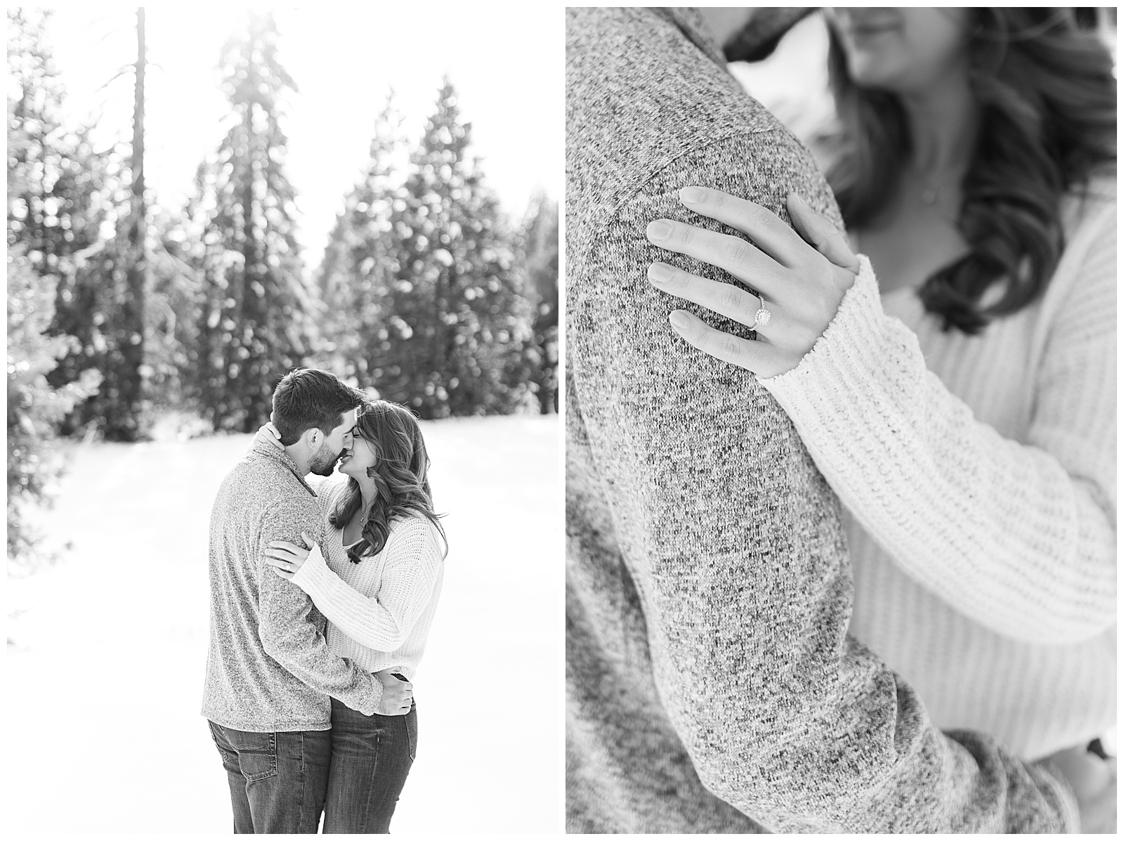black and white engagement snow photos close up engagement ring