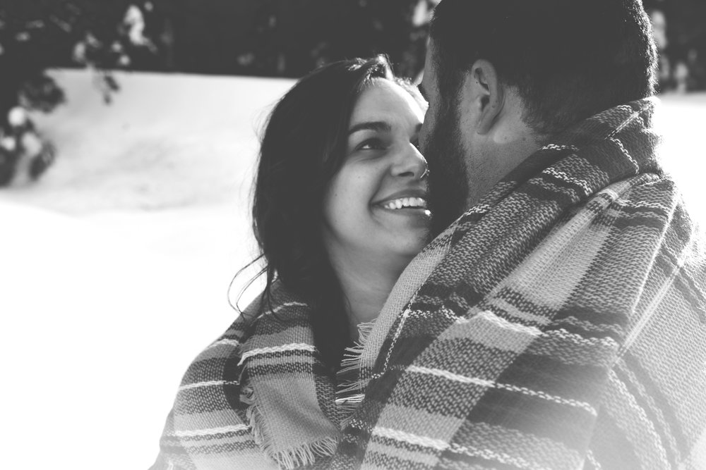 winter engagement photos in black and white
