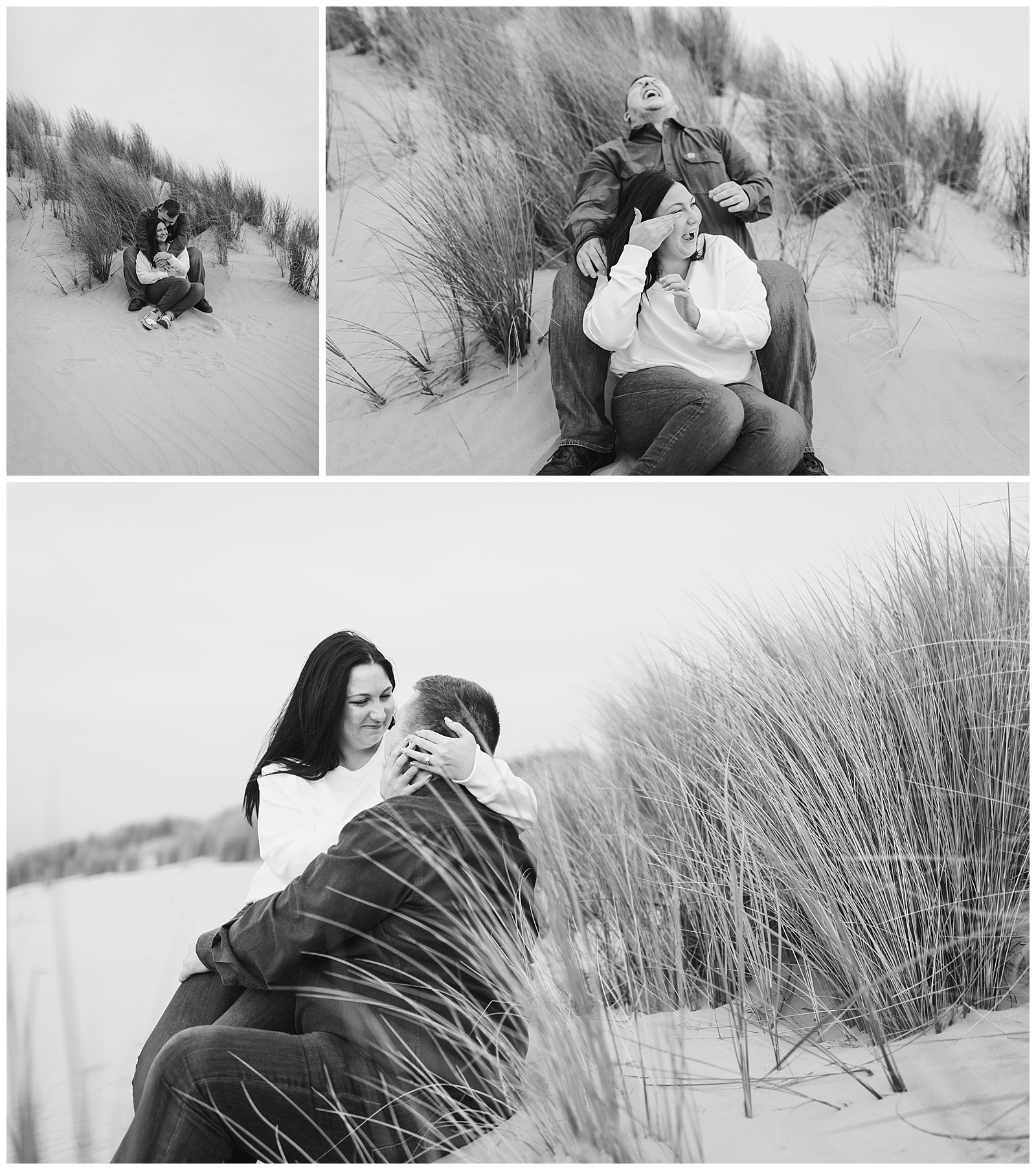 black and white photo of a newly engaged couple cuddling and laughing on the sand dunes