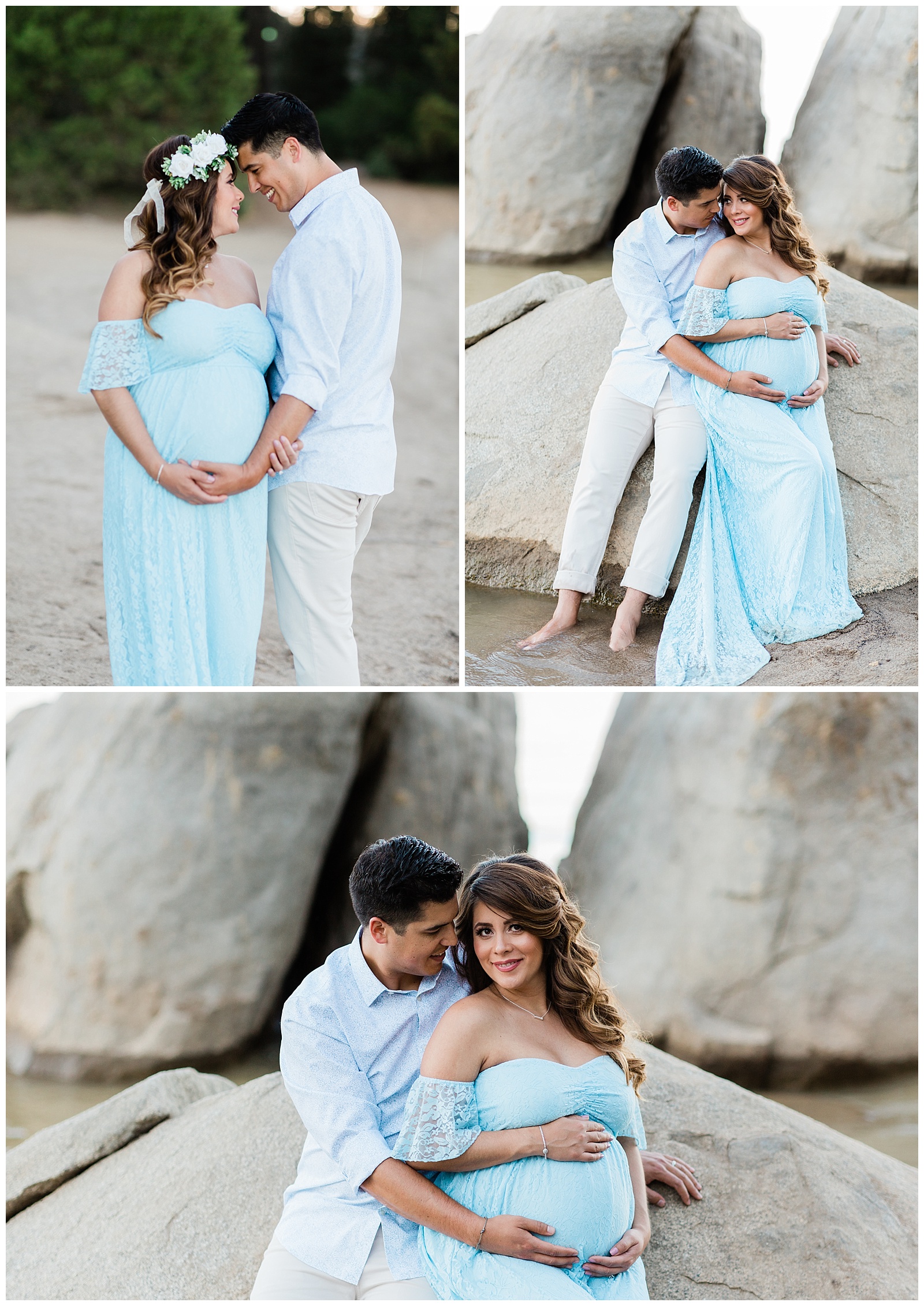 expecting couple posing by shaver lake for a maternity session