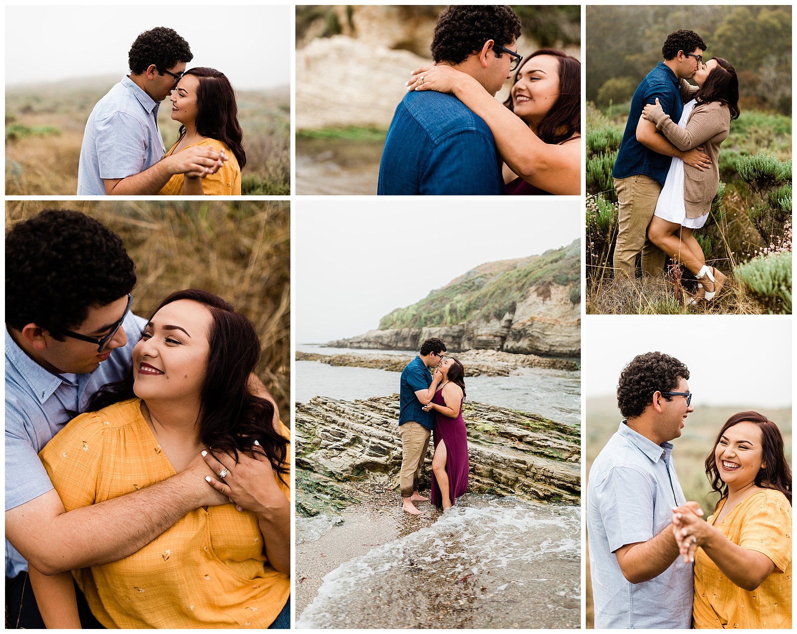 engaged couple posing for engagement photos along the califonia coast