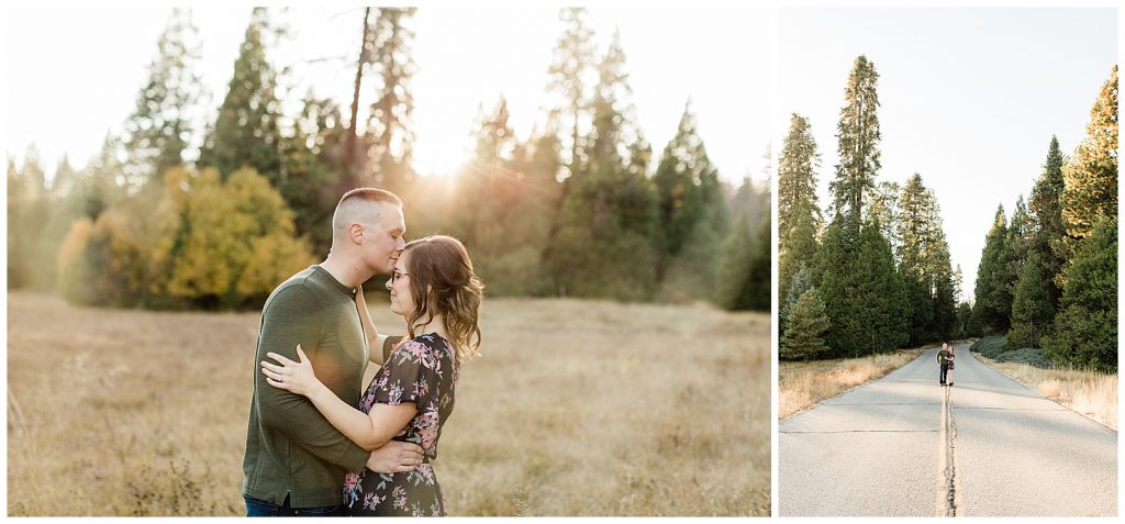 fall engagement photos at sunset in a mountain meadow