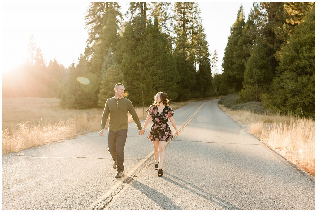 sunset fall engagement photos on the road in shaver lake california