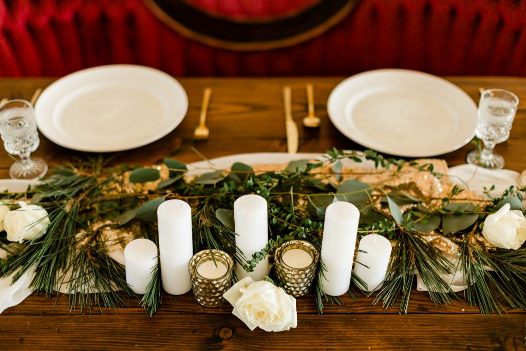 sweetheart table set up for a rustic winter wedding