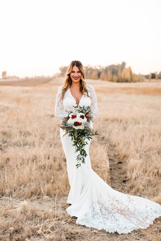 Christmas wedding bridal portraits at sunset in the foothills of clovis