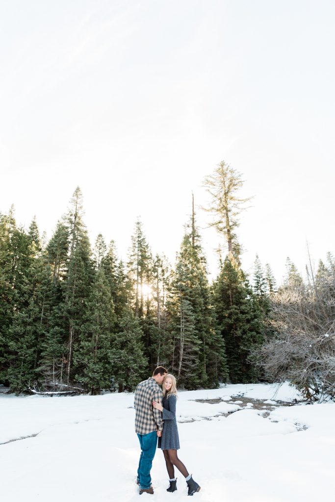 engagement couple in Shave Lake snow and pine trees