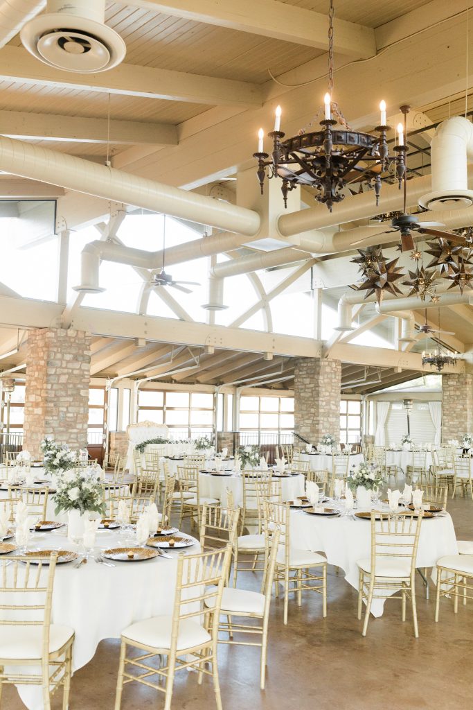 white and gold reception set up at Wolf Lakes Park