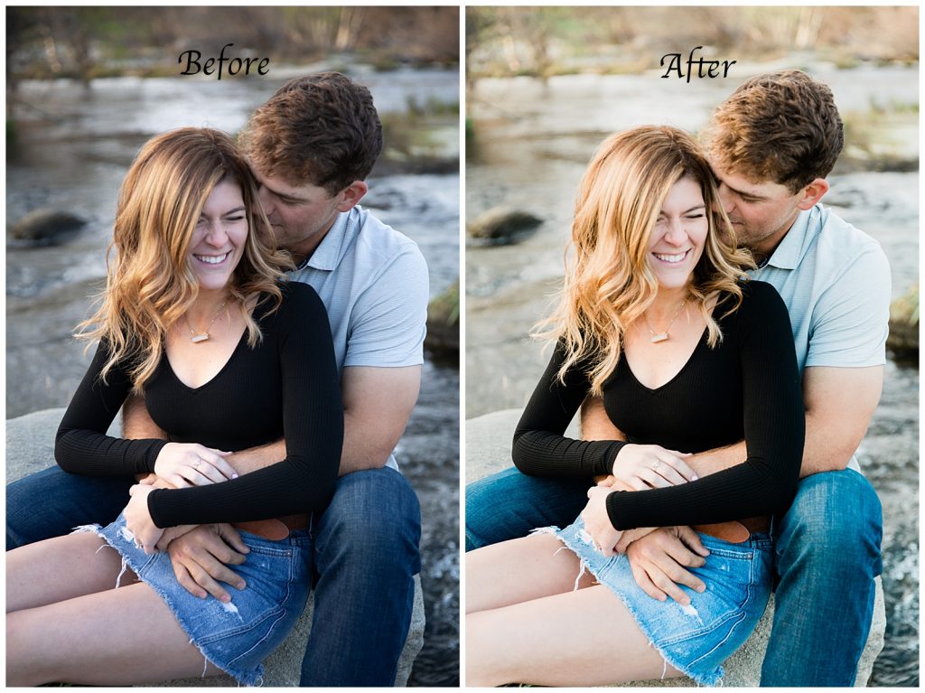 before and after edits of engagement photos