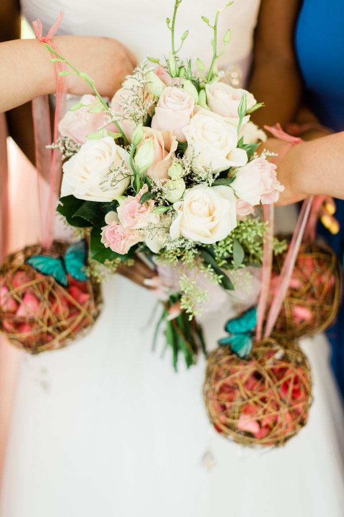 blush wedding bouquet with bridesmaid bouquet balls