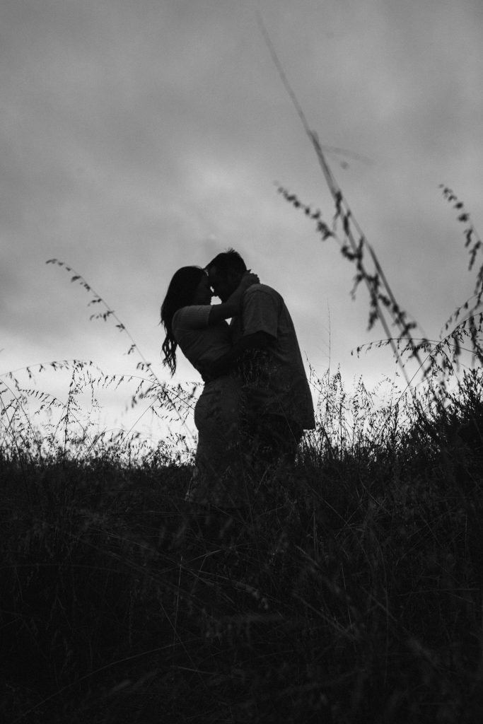 black and white silhouette of an engaged couple embracing with the tall grasses in the foreground