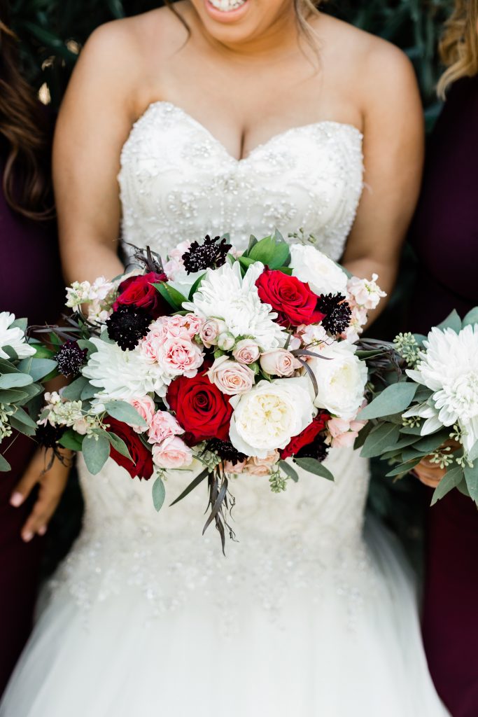 red, blush, white and black wedding bouquet by thistle and thorn floral