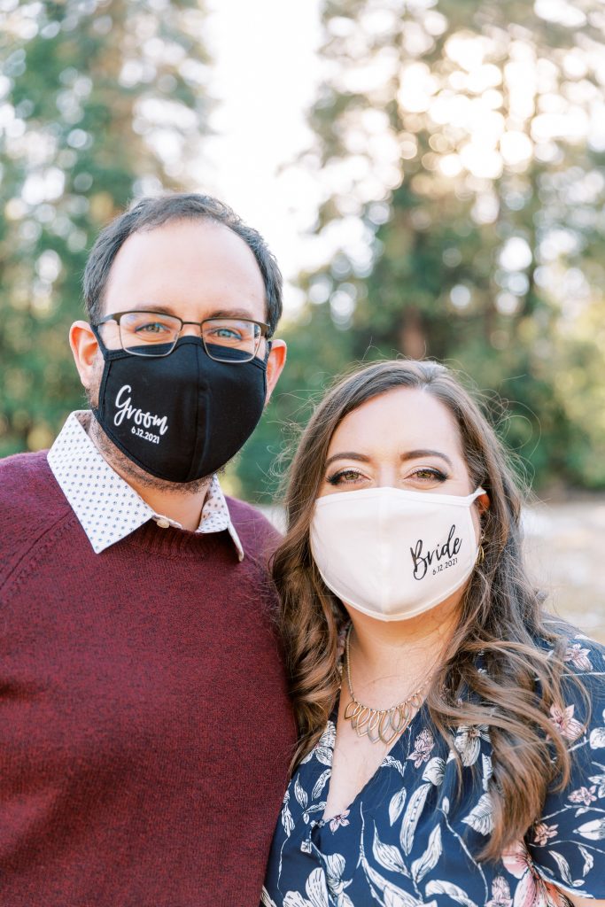 bride and groom wearing custom masks for their COVID engagement session