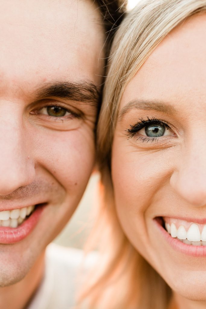 side by side close up eye and smiling photo of couple