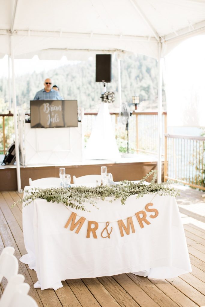 Sweetheart table with eucalyptus and Mr & Mrs sign