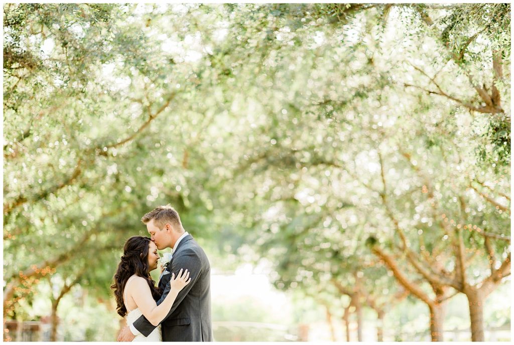 Couple hugging under the beautiful trees at Whitney's Wild Oak Ranch during sunset. 
