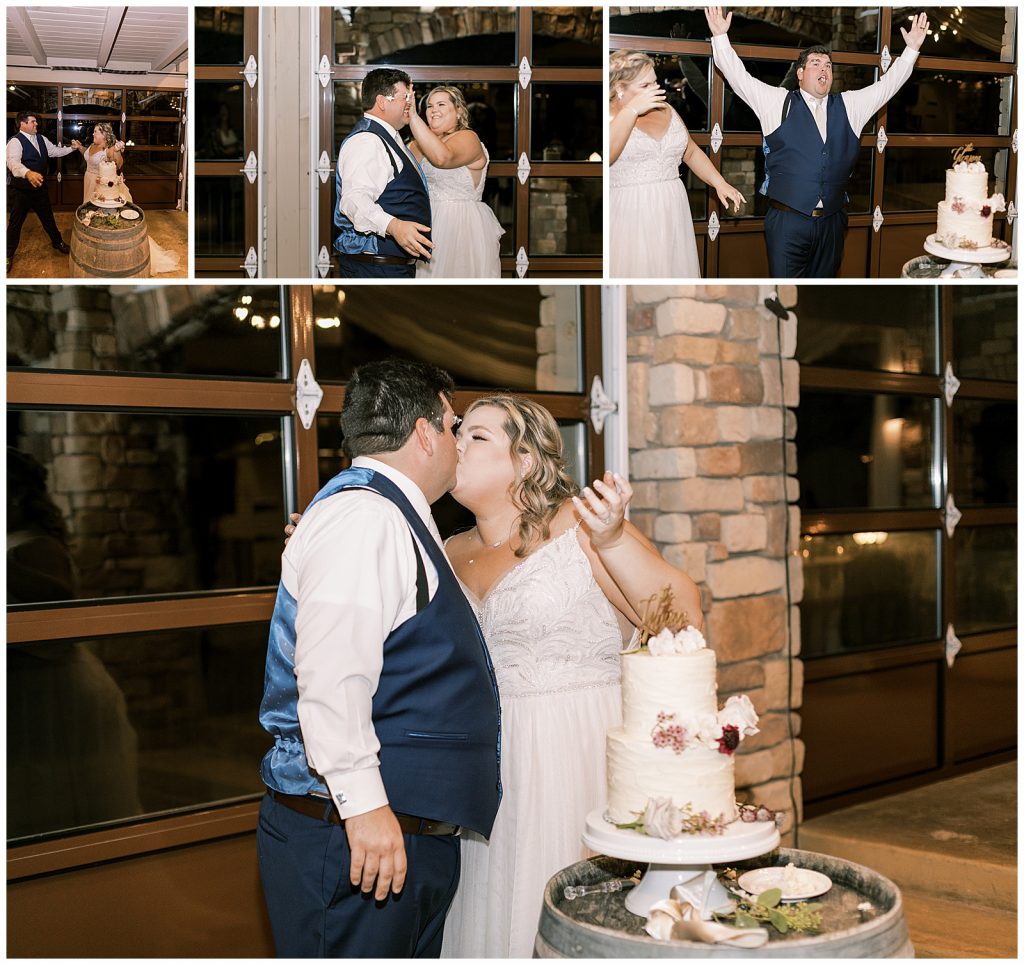 Newlyweds having fun with cake smash and a sweet kiss
