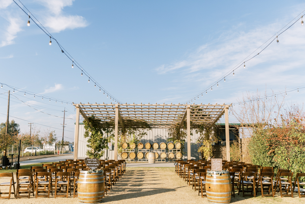 Winery wedding ceremony set up at Kings River Winery