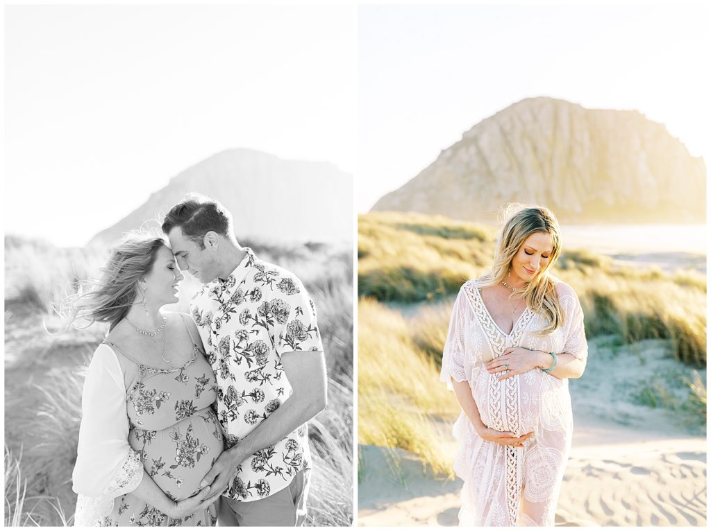 Couple in love during beach maternity photo session. 
