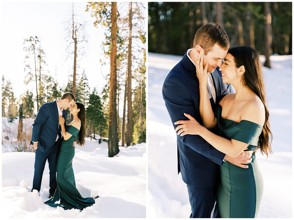 Dressed up couple nuzzling in Grant Grove snow