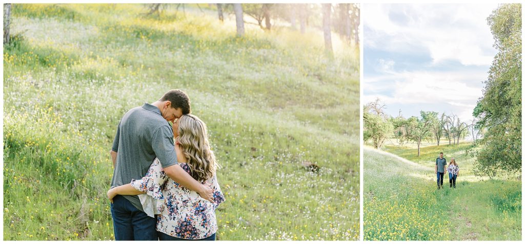 Couple enjoying walking around in the wildflower field together for engagement photos