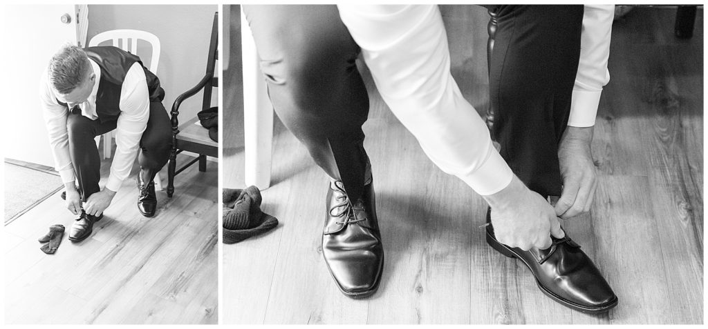 black and white photos of a groom putting on his dress shoes before his wedding