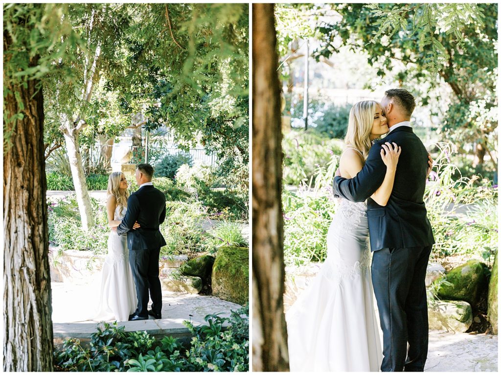 bride and groom hugging during their first look