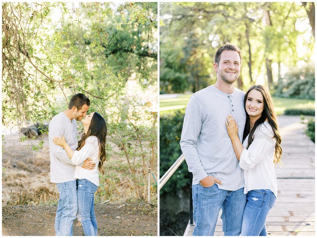 Couple standing together and hugging during spring engagement photos