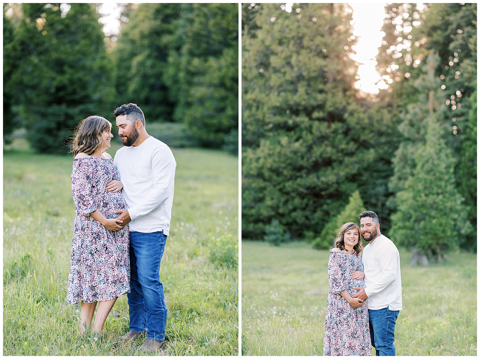 pregnant couple smiling and standing in meadow with evergreen trees and wildflowers