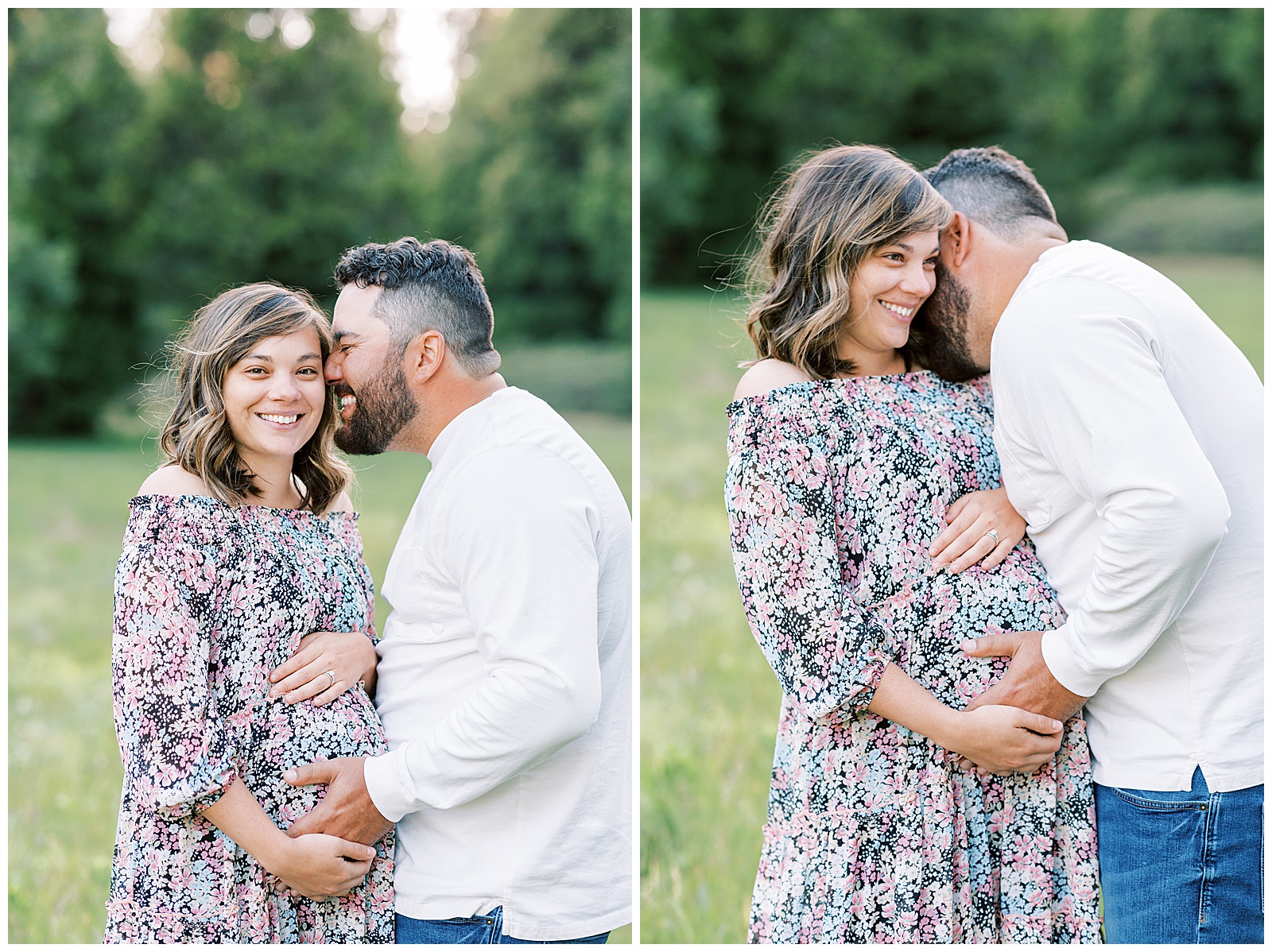 husband kissing pregnant wife on cheek smiles