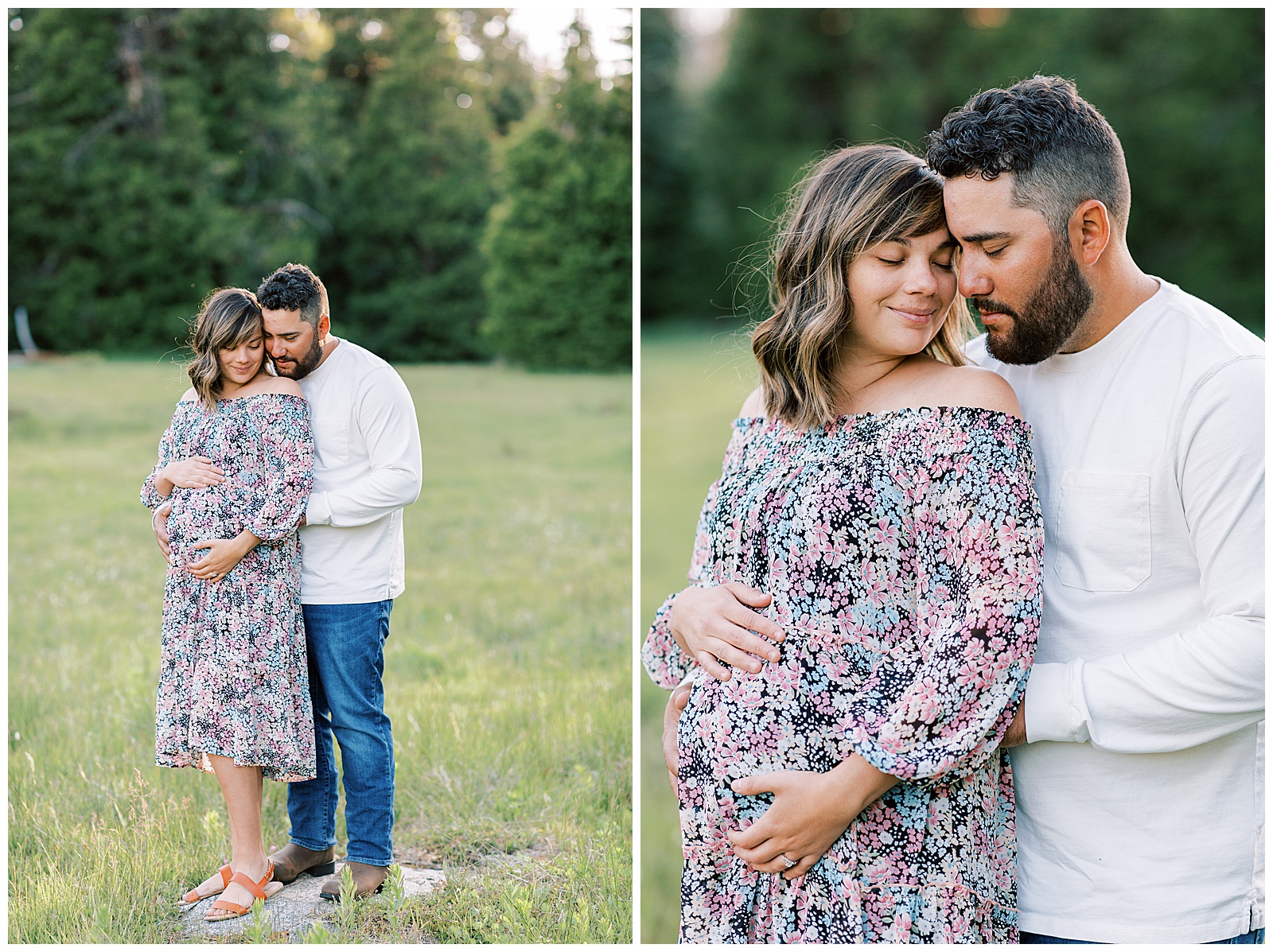 pregnant couple embracing and standing on rock in grassy meadow