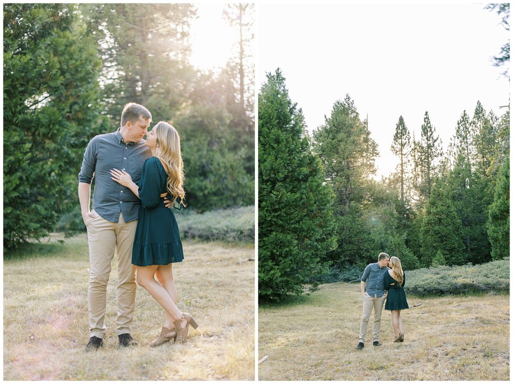 couple with arms around each other in meadow