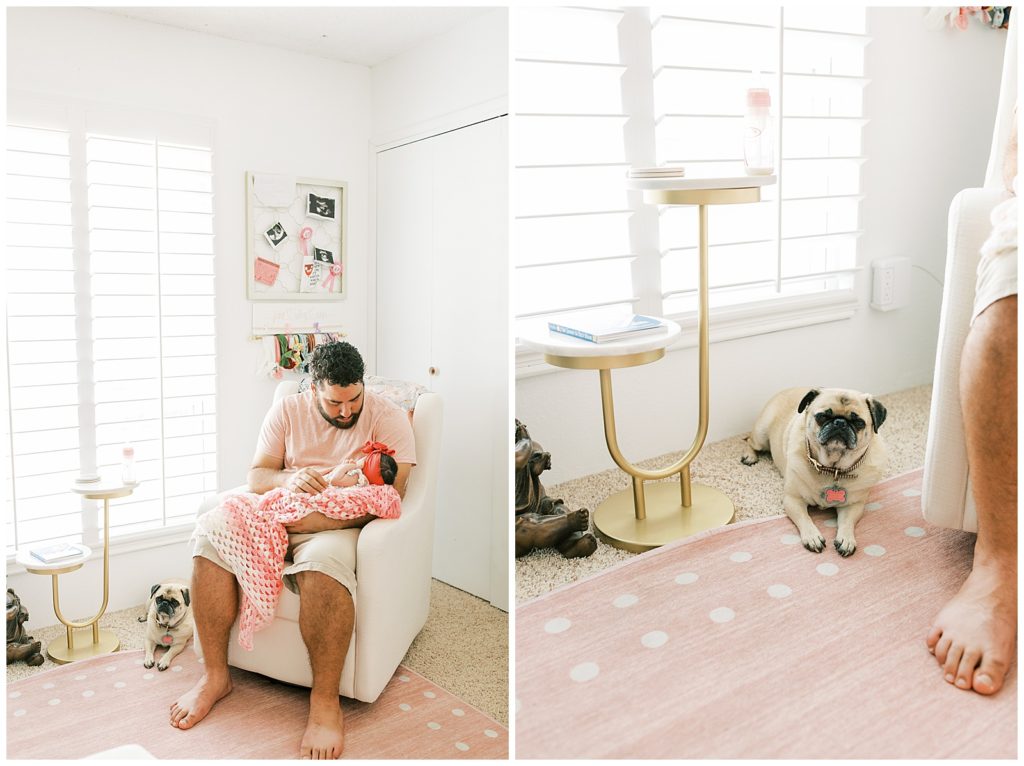 dad holding newborn baby girl in rocking chair in nursery with pet pug laying by his feet