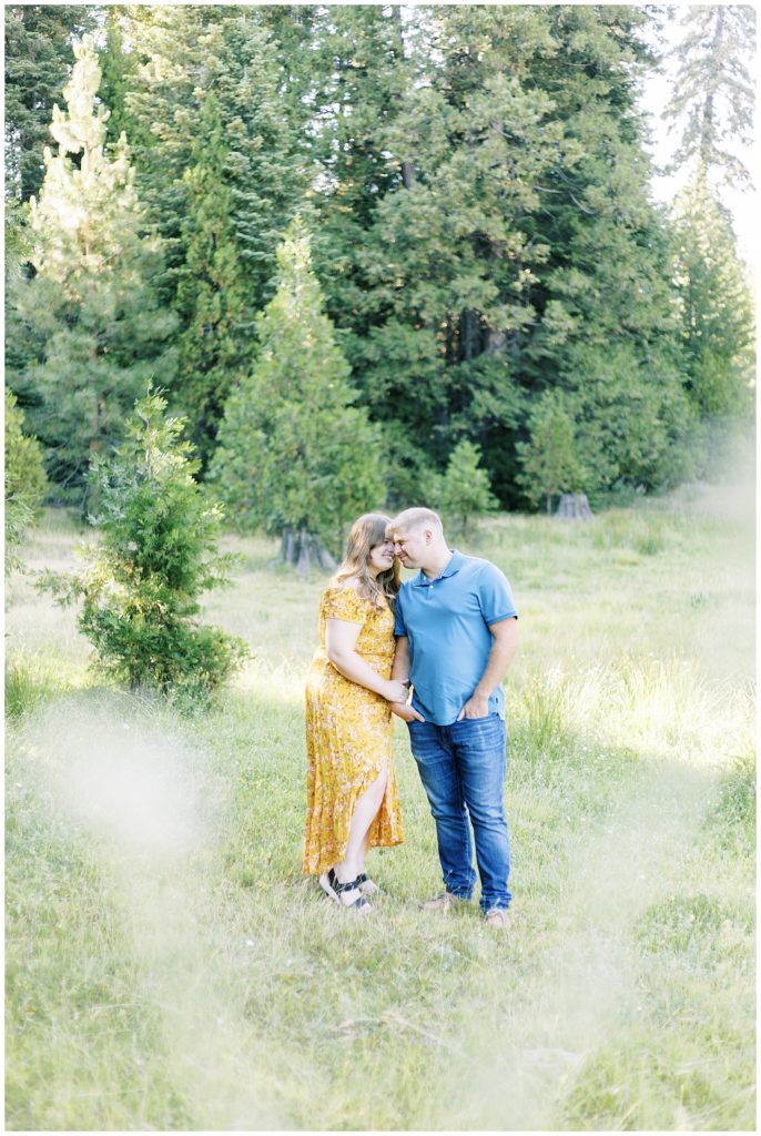 engaged couple smiling in mountain meadow