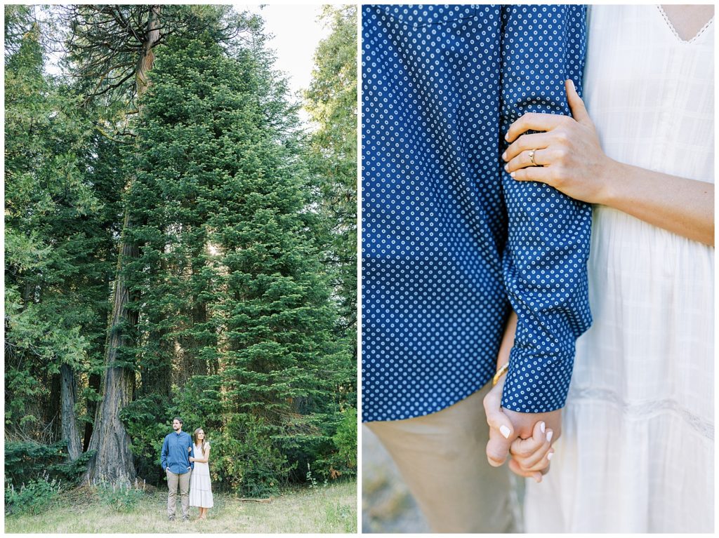 man and woman holding hands and standing in front of evergreen trees shaver lake photographer