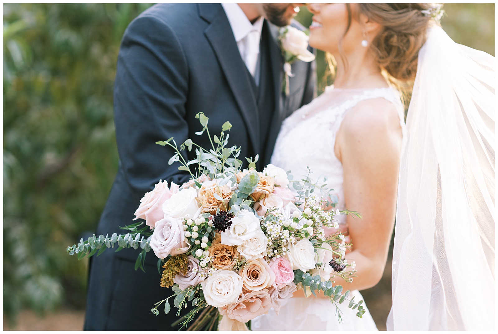 blush, burnt orange and eucalyptus wedding bouquet