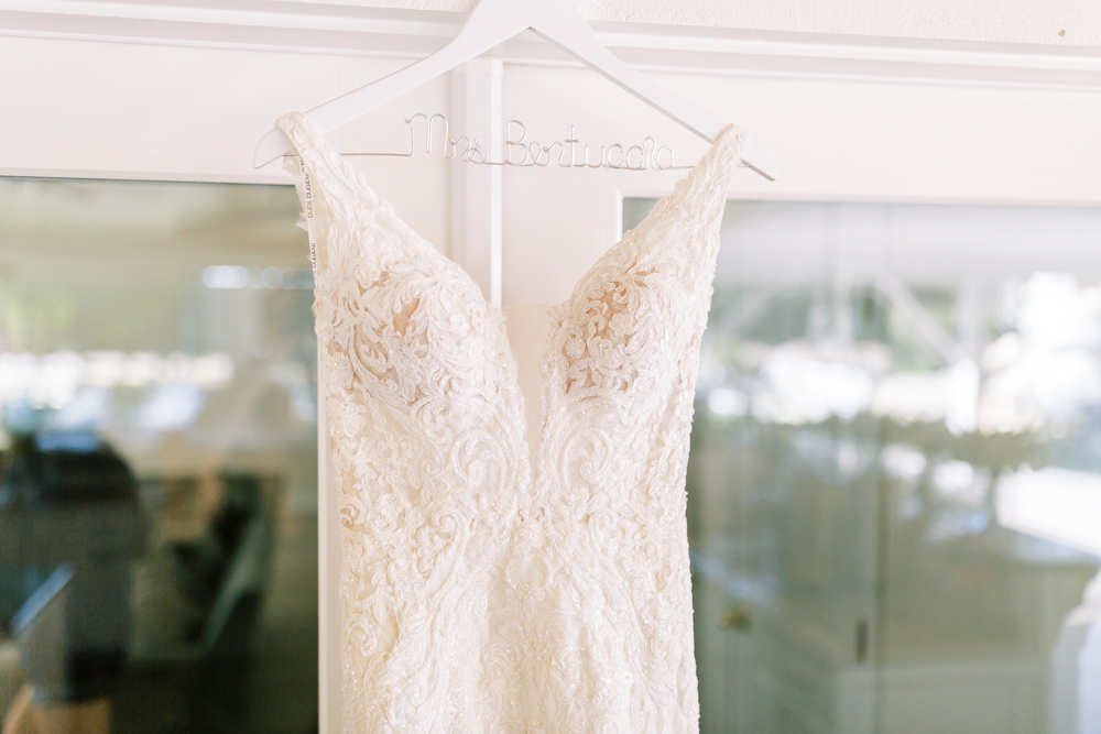 wedding dress hanger with lace wedding dress