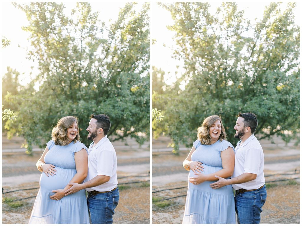 pregnant couple embracing and laughing summer maternity photos
