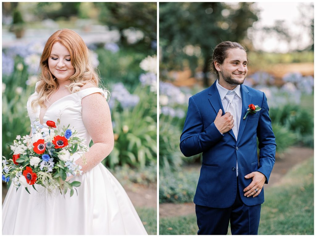 fourth of july inspired wedding dress and blue wedding suit