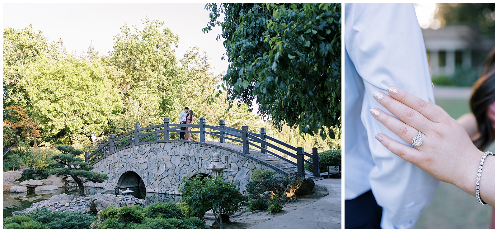 engaged couple standing on bridge at shinzen japanese gardens in fresno
