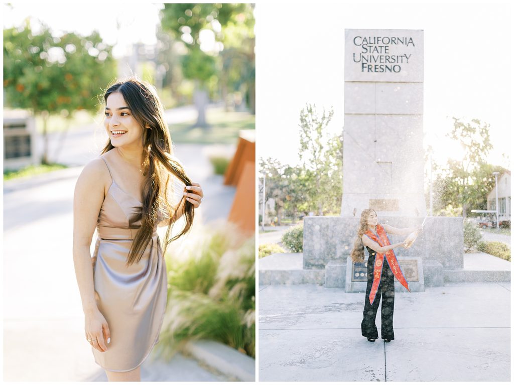 fresno state graduate popping champagne for graduation photos with fresno photographer megan helm
