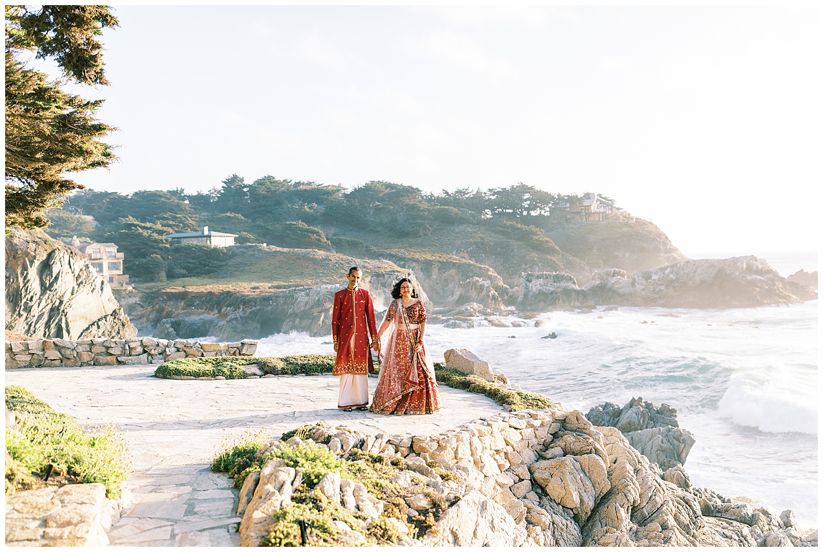 bride and groom holding hands by the ocean at sunset in carmel-by-the-sea