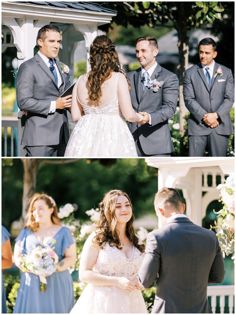 groom holding brides hands both smiling outdoor wedding ceremony