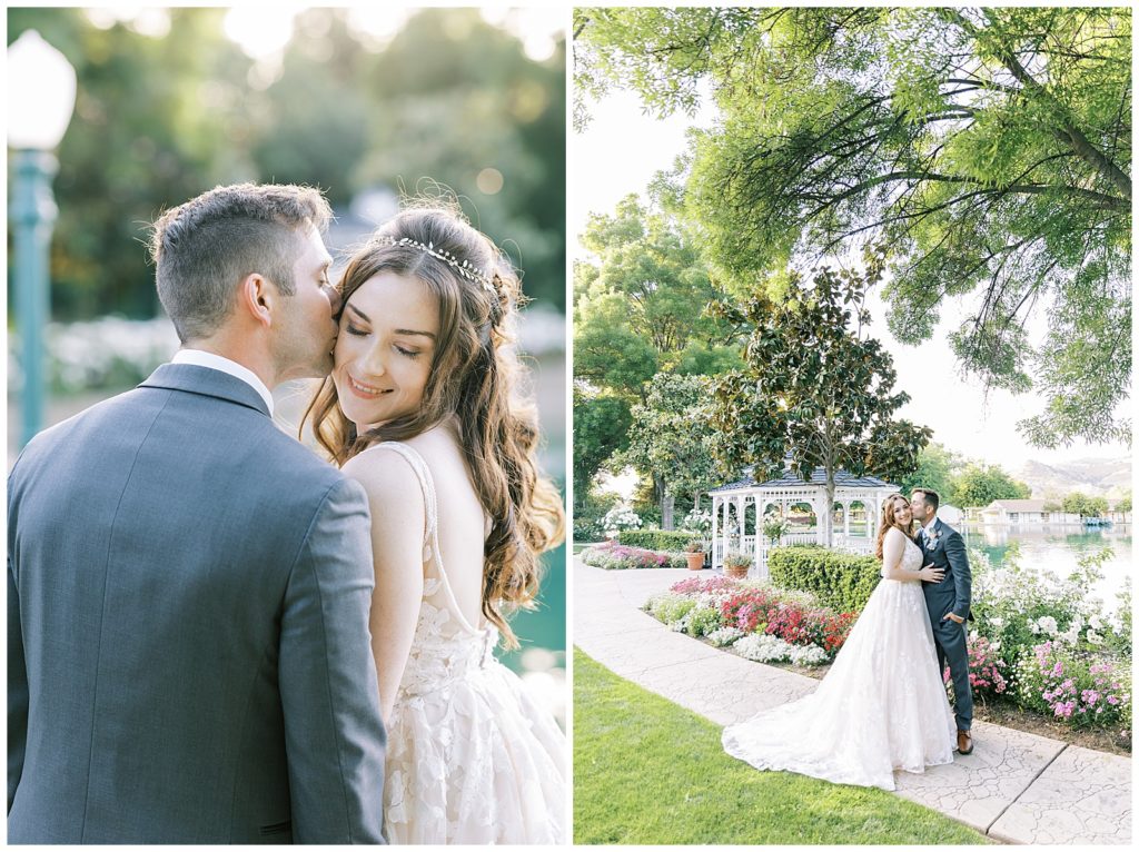 groom in grey tuxedo kissing bride on the cheek lakeside outdoor wedding portraits