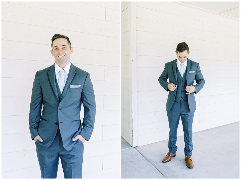 groom in grey tuxedo buttoning jacket
