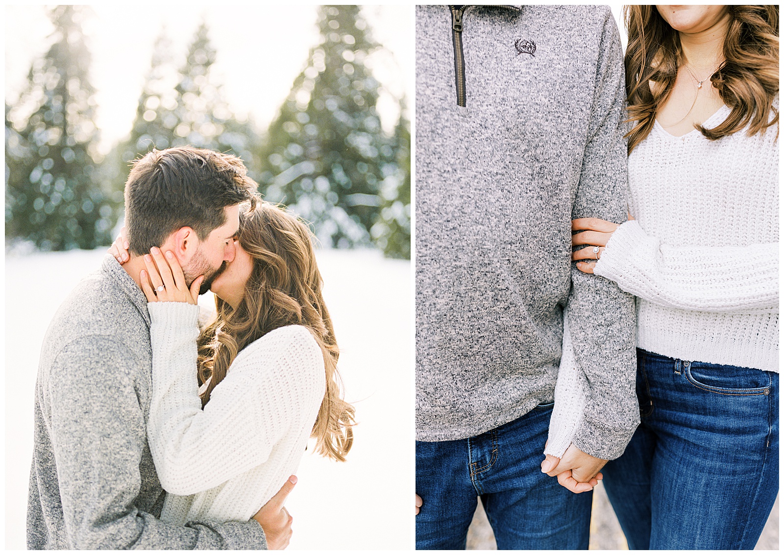 engaged couple kissing embracing winter engagement photos