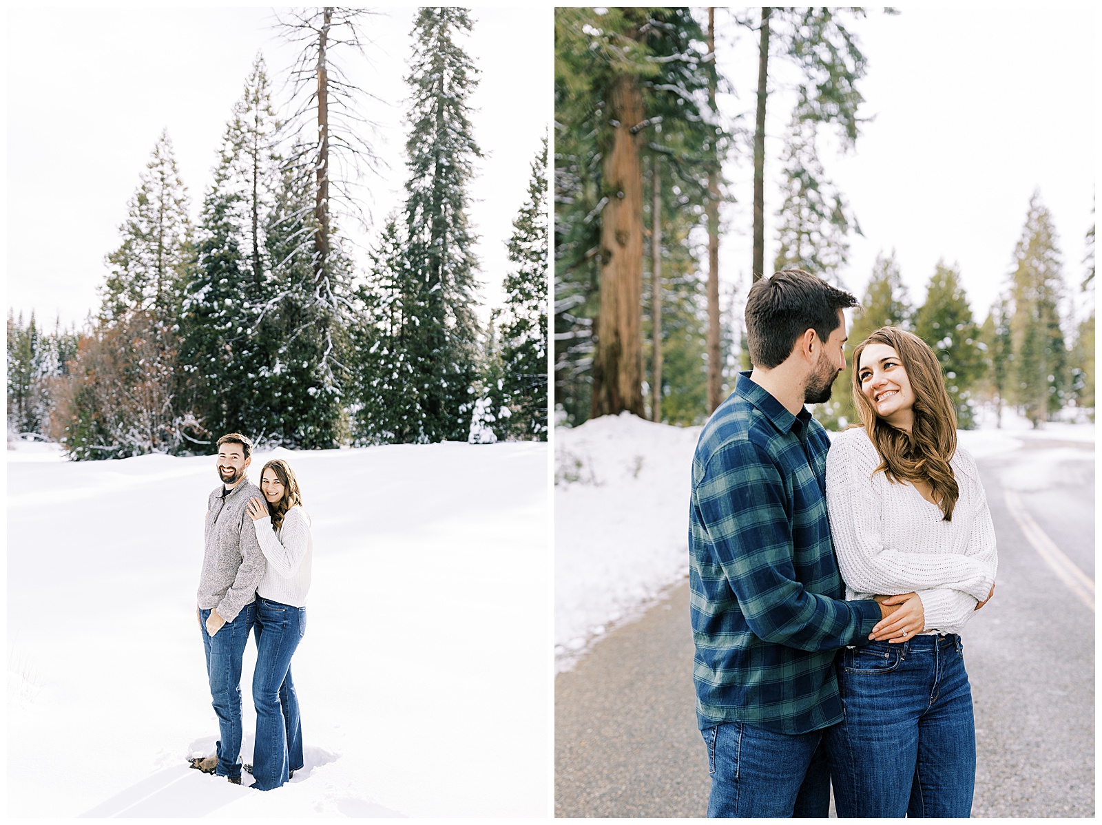engaged couple embracing and smiling winter meadow snowy