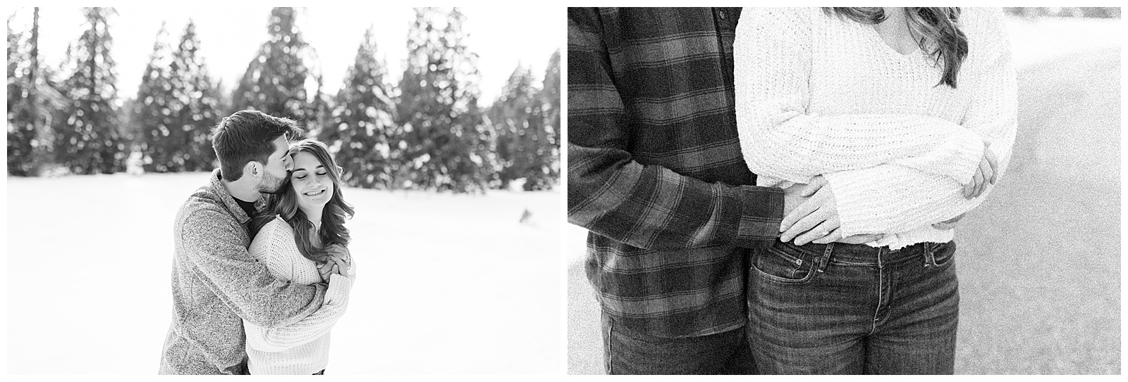 black and white photos engaged couple hugging snowy meadow winter engagement