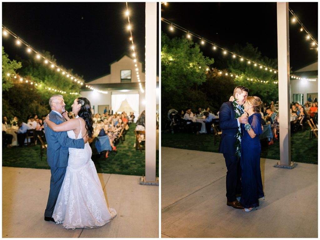 bride and groom dancing with their parents outdoor wedding reception at night