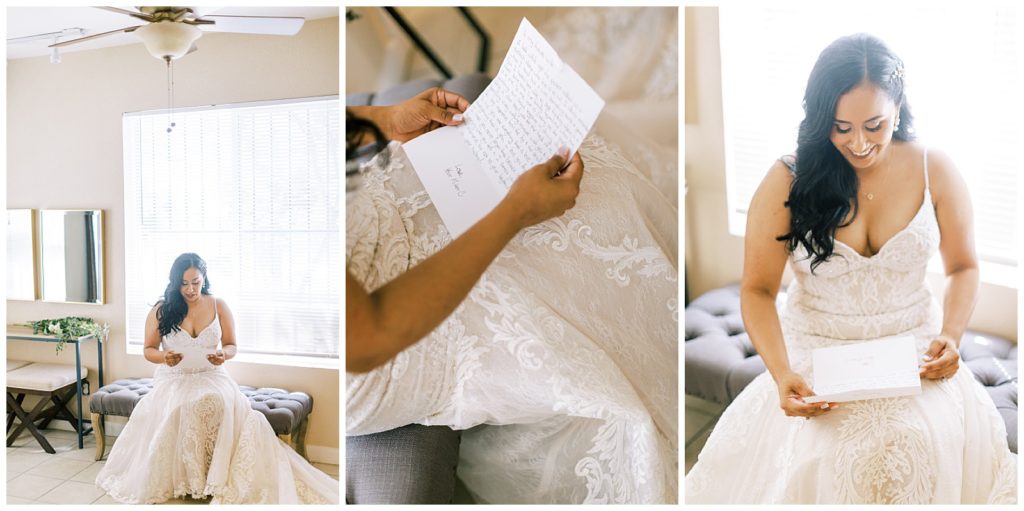 three images of bride reading a letter from groom 