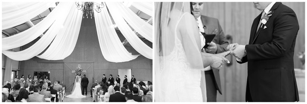 black and white images of indoor wedding ceremony and close up of groom putting wedding band on brides finger